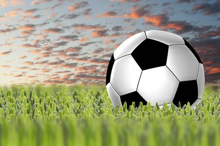Soccer ball on green grass with sunset skyの写真素材