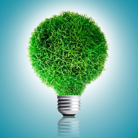 Green Grass growing on Light bulb on blue background  Concept for eco-friendlyの写真素材