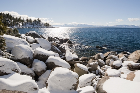 Snow on rock at Lake Tahoe, California, USAの写真素材