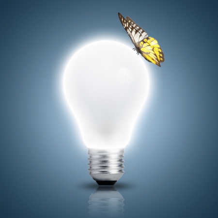 Light bulb turn on with butterfly on topの写真素材