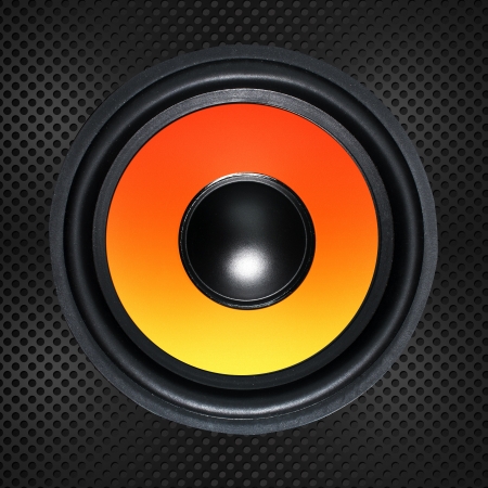 Loud Speakers woofer with yellow color center on whiteの写真素材