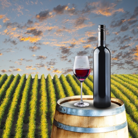Bottle and glass of wine on wood barrel with vinyard backgroundの写真素材