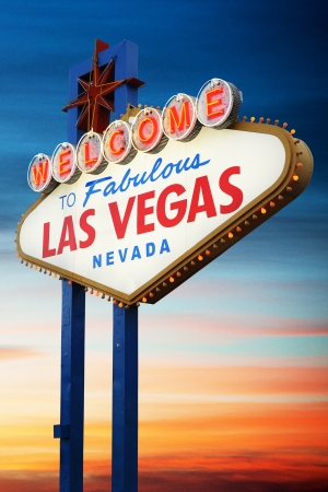 Welcome To Las Vegas neon sign at sunset  Nevada, USAの写真素材