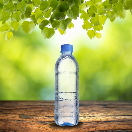 Water Bottle on wood tableの写真素材