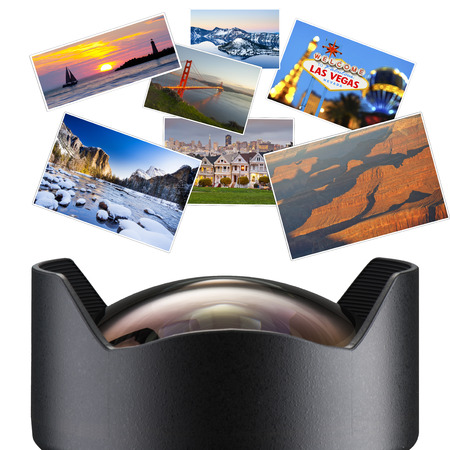 Camera Lens with Travel Photosの写真素材