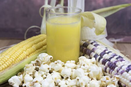 corn and its products such as pop corn , corn juiceの写真素材