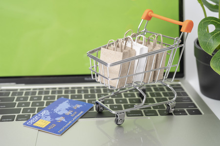 Selling or buying online,shopping online or e-commerce with paper box ,paper bag and credit card in shopping cart or trolley.の写真素材