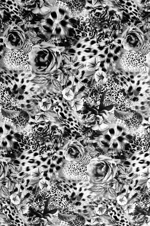 texture of print fabric striped leopard and flower for backgroundの写真素材