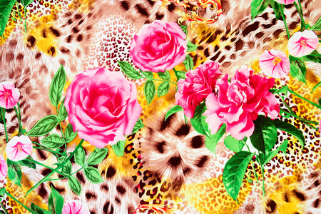 texture of print fabric striped leopard and flower for backgroundの写真素材