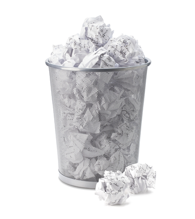No idea - Crumpled paper can recycle was thrown to metal basket bin. Overflowing waste paper in office garbage bin. Junk, wastepaper in rubbish isolated on white background with clip pathの写真素材