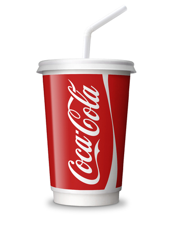 Coca Cola paper cup. Bangkok, Thailand - APRIL 12, 2016: Coke is the most popular soft drink beverages sold around the world. Coca-Cola take away, take out, take home, fast food cup with clip path.のeditorial素材