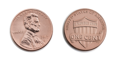 american one cent, USA 1 c, bronze coin both sides isolate on white background. Abraham Lincoln on...
