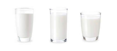 3 glasses of milk isolate on white background. Fresh milk in various glasses with clip path for die cut. Mix three shape glasses of milk on white. Fresh milk glass for children realistic photo image.の写真素材