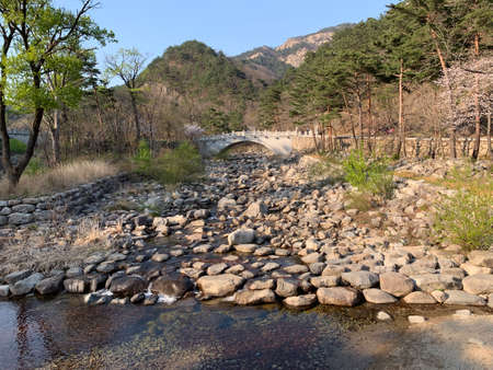 Stone bridge over the river in a park in the city of Seoul, South Korea.の写真素材