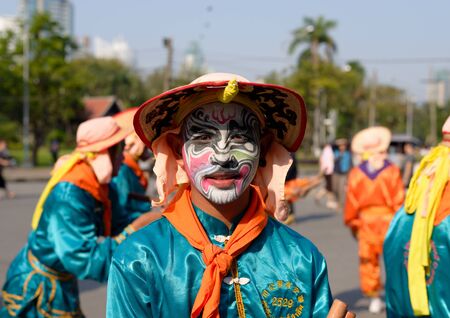 Bangkok, Thailand - January 17, 2015 An unidentified man with painting face and custom in Chinese's style at Lumpini Park, when the day of Thailand's travel festival.のeditorial素材