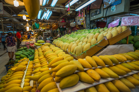 Bangkok Thailand  May 23 2015 Mango for sell at Or Tor Kor markrt a well known place for fresh food fruits and foods. Located next to Jatujak market.のeditorial素材