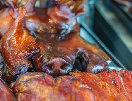 Chinese BBQ meat products for sell  in area of Yaowarat or Thailand's China Townの写真素材