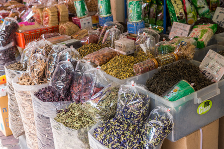 Bangkok, Thailand - July 15, 2015 Dried Chinese's herbs and tea for sell in area of Yaowarat or Thailand's China Townのeditorial素材