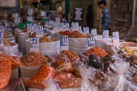 Bangkok, Thailand - July 15, 2015 Variety of dried shimps for sell in area of Yaowarat or Thailand's China Townのeditorial素材