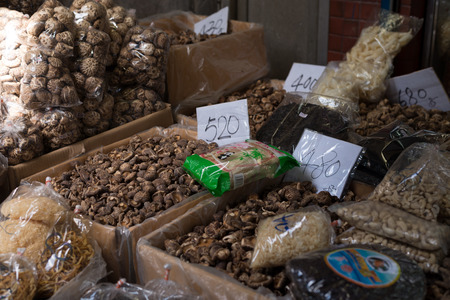 Bangkok, Thailand - July 15, 2015 Dried mushrooms for sell and others in Yaowarat area or Thailand's Chinatown,のeditorial素材