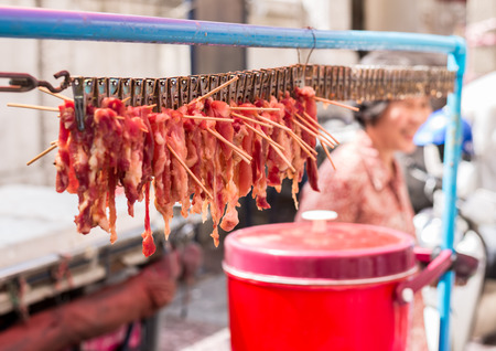 Bangkok, Thailand - July 15, 2015 Raw pork for cook on stree food in area of Yaowarat or Thailand's China Townのeditorial素材
