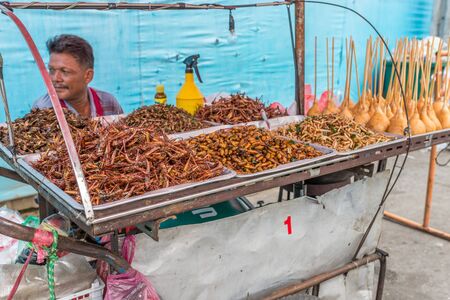 Bangkok, Thailand - Nov 14, 2015 Unidentified man is selling fried insects as snack at Chatuchak, the biggest weekend market in South East Asia.のeditorial素材