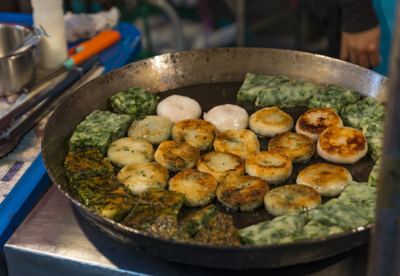 Fried chives dumplings on night street food Thailandの写真素材