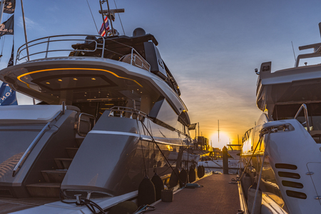 Pattaya, Thailand - Nov 25, 2017 Close up Yachts at slip in Sunsetのeditorial素材