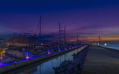 Pattaya, Thailand - Nov 25, 2017  Perspective Yacht dock or  Slip in late Sunset at marinaのeditorial素材