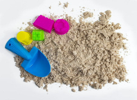 Isolated sand beach on white background with toys for summer concept.の写真素材