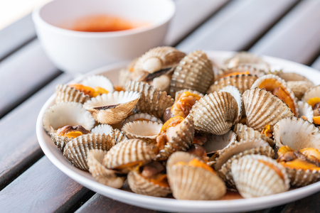 Close up seafood Thailand menu called Hoi Krang Pao or Grilled Cockle. Selected focus image.の写真素材