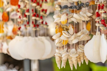 Beautiful variety seashells hanging mobile at beach.の写真素材