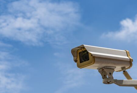 Close up CCTV and blue sky background. Space for text.の写真素材