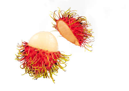 Close up rambutan on white background. Rambutan that has been peeled to show the white pulp inside,...