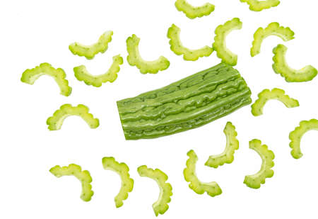Isolated bitter gourd or melon on white background, one part of the whole bitter gourd, and some...