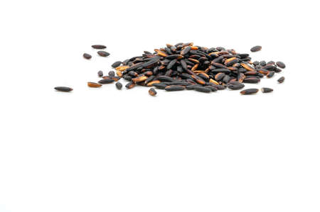Small heap of Black glutinous rice on white background, macro pile of Black glutinous rice with low point of view.の写真素材