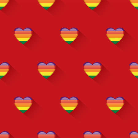 Seamless pattern of rainbow glossy heart on a red background, the concept for LGBT pattern design.の写真素材