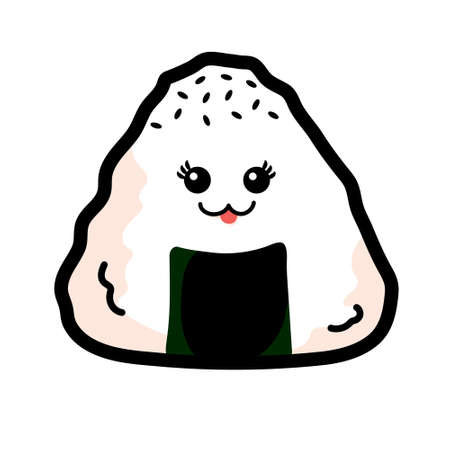 Isolated Onigiri or Japanese Rice Triangle on white background, Cute Onigri cartoon with face, black sesame seeds and seaweed.の写真素材