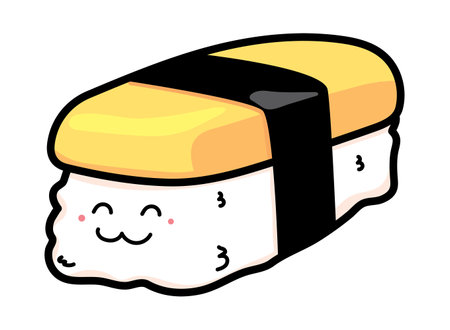 Cute cartoon Tamako egg sushi, cut character Tamako or sweet egg sushi, isolated on white backgroundの写真素材