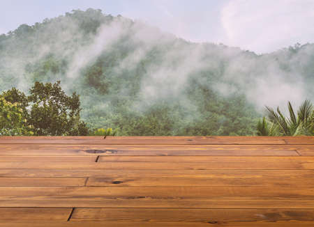Beautiful brown plank wooden table or desk floor, little shiny surface, perspective view, the background of a blurred mountain scape and fog. Empty space for products to put on the table.の写真素材