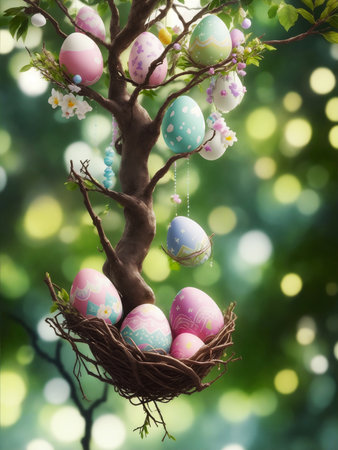 AI generative image of fancy Easter eggs in bird nest on tree, close up Easter eggs in bird nest, blurred bokeh background of tree.の素材