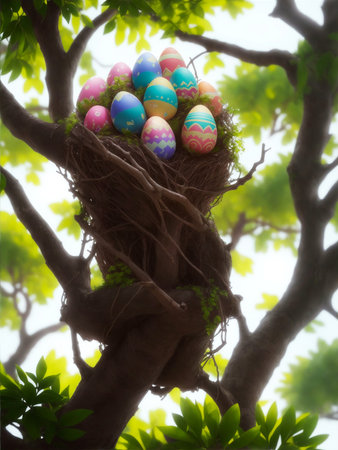 AI generative image of fancy Easter eggs in bird nest on tree, vertical image,  close up Easter eggs in bird nest, blurred bokeh background of tree.の素材
