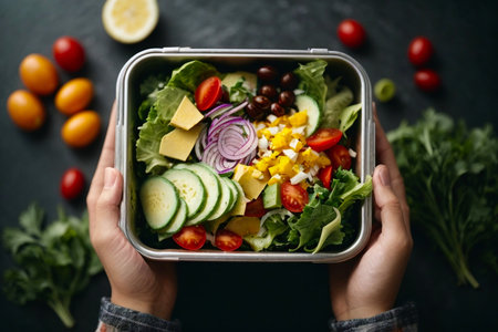 Ai generative image of salad box in hands, hands holding healthy food, view from above.の素材