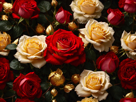 AI generative image of beautiful roses with different colors and shapes. Red, yellow, and Golden roses together, close up the flowers for background in the concept of valentine and wedding theme.の素材