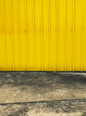 Yellow painted metal sheet wall and weathered ground cement floor, vertical image outdoor background in the city.の写真素材