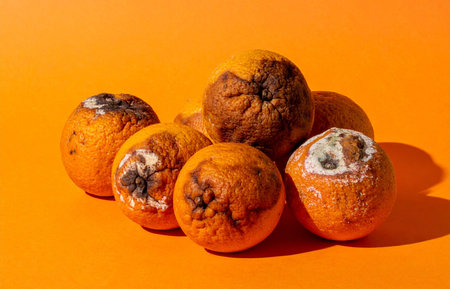 A small group of spoiled oranges on an orange-colored background and floor.の素材