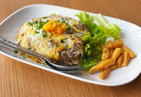 Stir-fried flat noodles with chicken, wrapped with egg. Close up Asian Thai-Chinese food menu on...