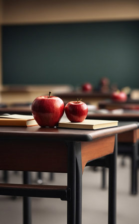 Two sizes of red apples on a school table in the classroom, vertical template image.