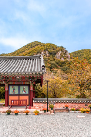 The entrance to Jangansa Temple in Gijang, Busan, South Korea, with autumnal scenery of mountains and persimmon trees. Blue sky.の写真素材