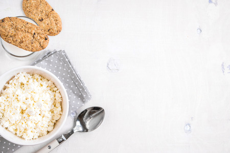 Healthy breakfast. Cottage cheese, grain cookies and milkの写真素材